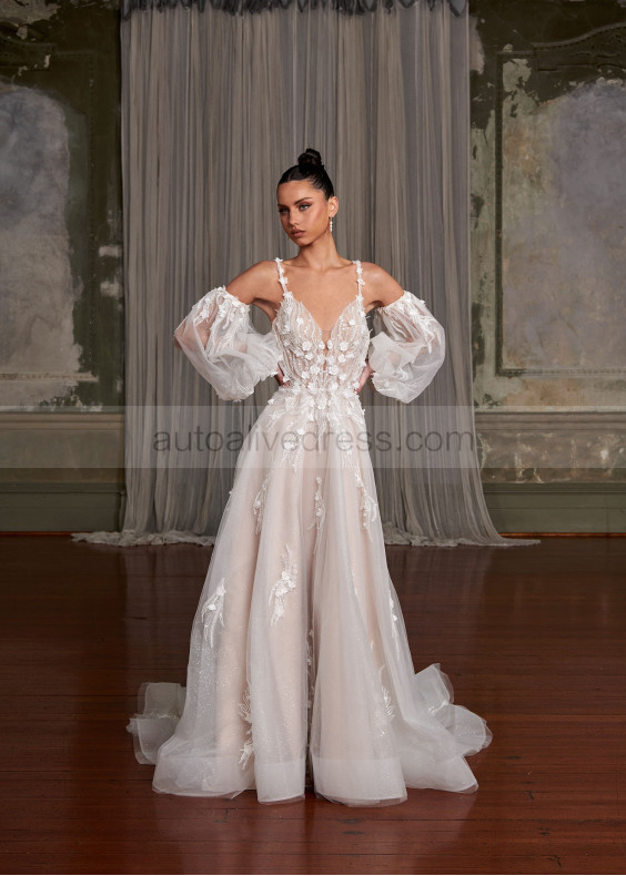 Beaded Ivory Lace Tulle Mocha Lining Sparkling Wedding Dress Beaded Ivory Lace Tulle Mocha Lining Sparkling Wedding Dress